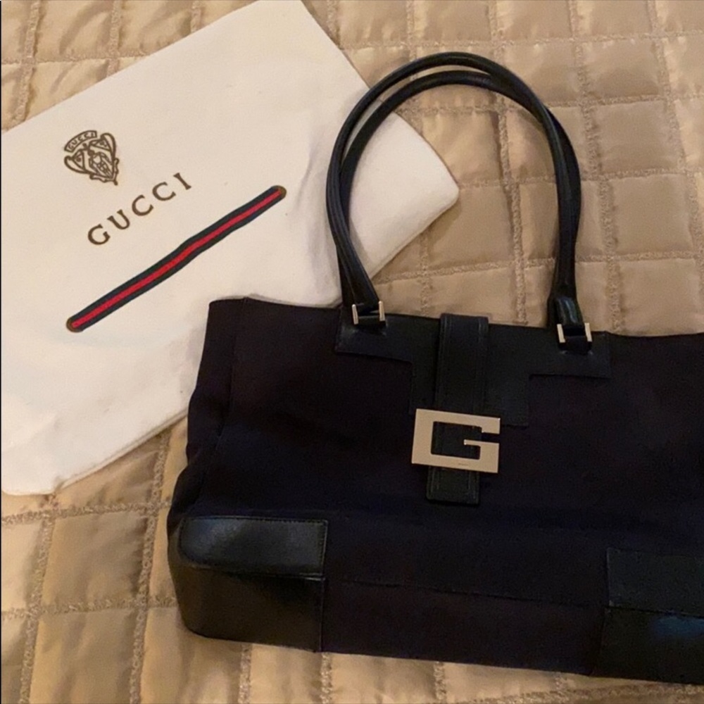 Gucci Shoulder Bag Black Gold Cotton Leather Tote